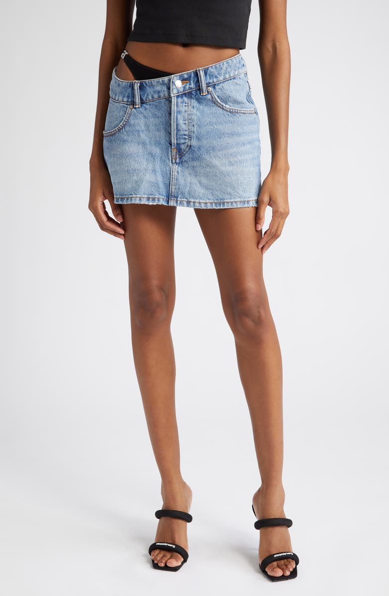 Alexander Wang Asymmetric Bikini Strap Denim Miniskirt, Main, color, Vintage Light Indigo