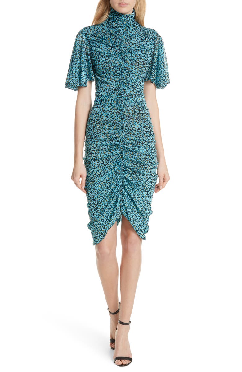 DVF Floral Ruched Flutter Sleeve High Neck Dress, Main, color, 