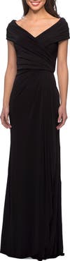 La Femme Ruched Jersey Long Gown with V-Neckline