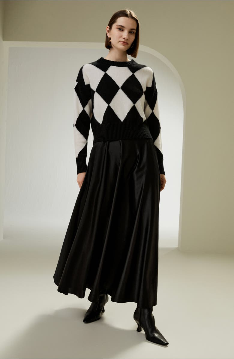 Lilysilk Round Neck Diamond Pattern Cashmere Sweater, Alternate, color, Black