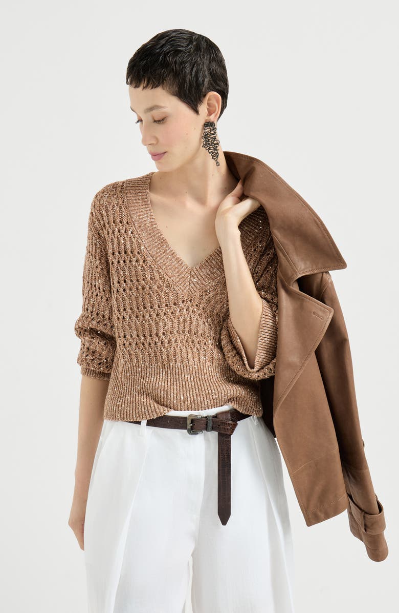 Brunello Cucinelli Dazzling braids sweater, Alternate, color, Brown