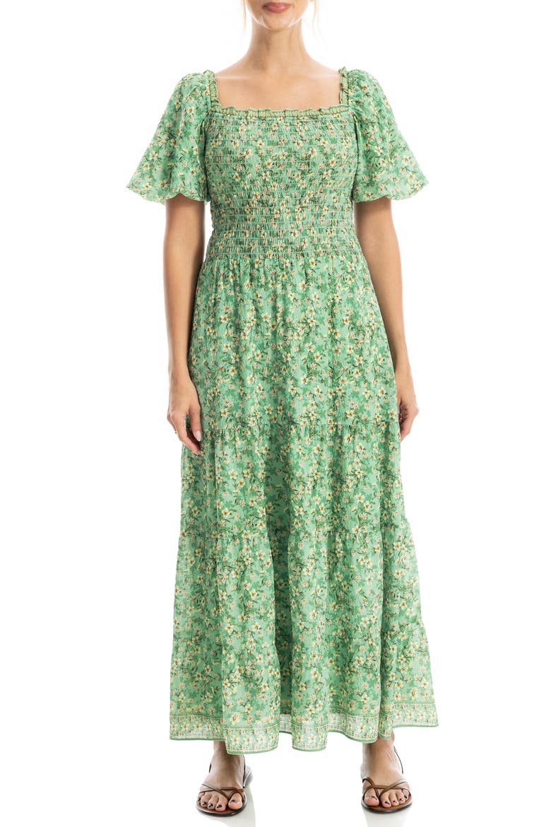 Print Smocked Puff Sleeve Maxi Dress, Alternate, color, GREEN TOSSED MEADOW