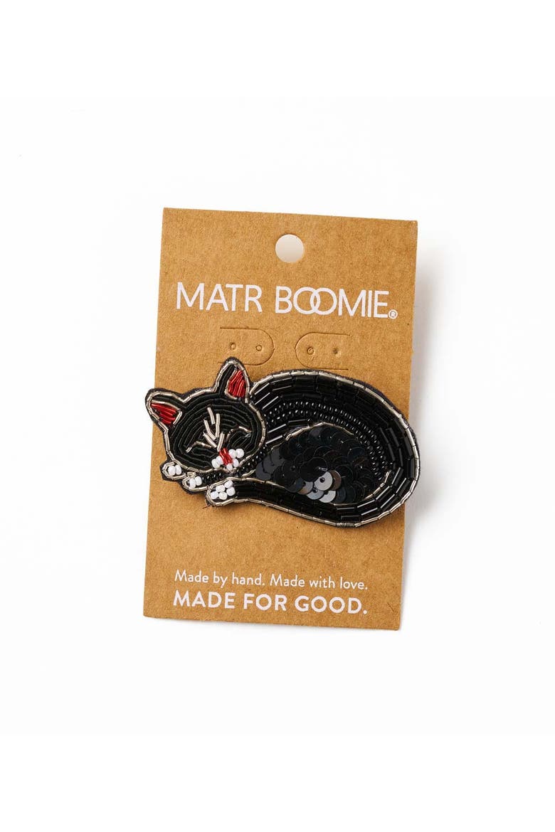 Bala Mani Beaded Sleeping Cat Brooch Pin, Alternate, color, Black