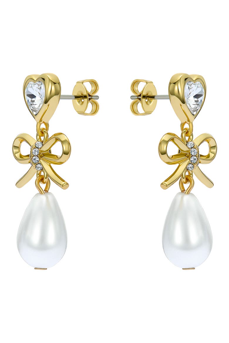 Ivy Icon Charm Heart Bow Faux Pearl Drop Earrings, Alternate, color, METALLIC GOLD