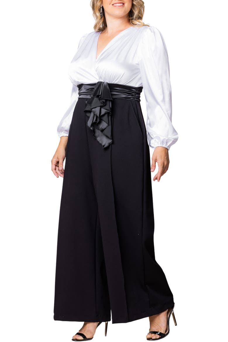 Refined Puff Shoulder Long Sleeve Wide Leg Jumpsuit, Alternate, color, BLACK TIE AFFAIR