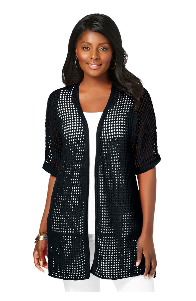 Jessica London Crochet Long Cardigan, Main, color, Black