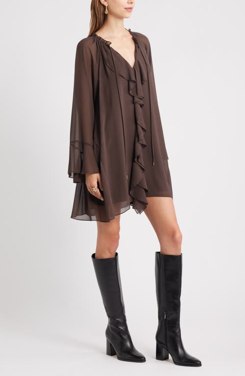 Open Edit Ruffle Chiffon Shift Dress In Brown