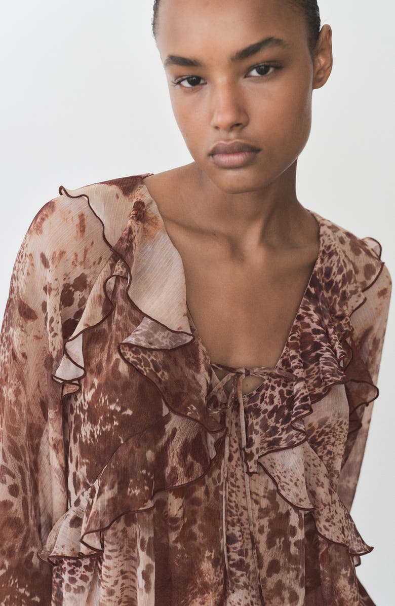 MANGO Print Ruffle Top, Alternate, color, Brown