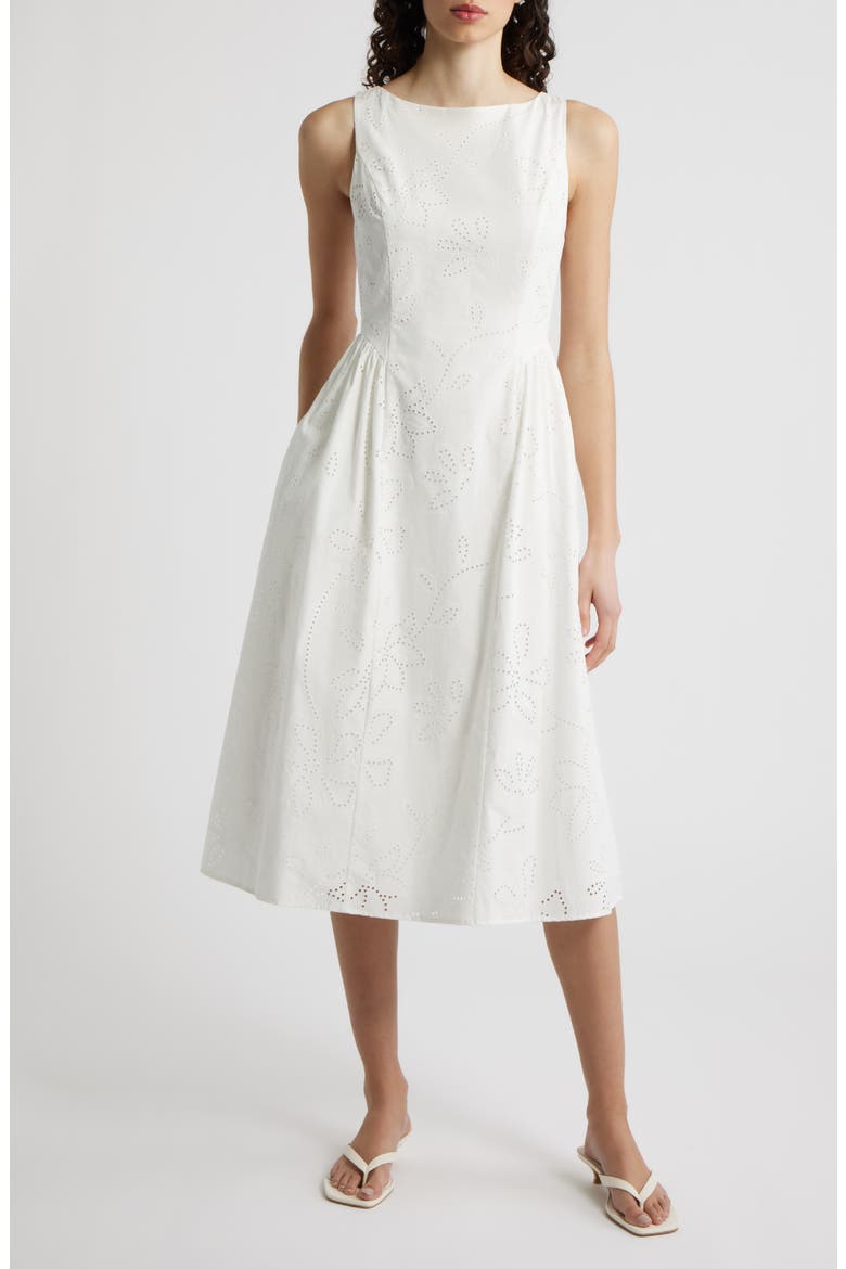 Eyelet Sleeveless Fit & Flare Midi Dress, Main, color, WHITE