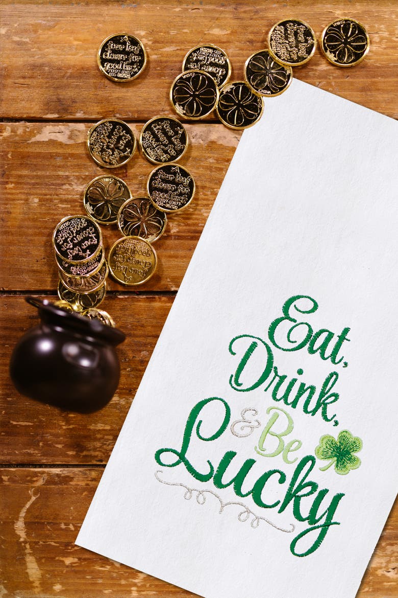 St. Patrick's Day "Eat Drink & Be Lucky" Irish Shamrock Clover Embroidered Flour Sack Kitchen Dishtowel, Alternate, color, White