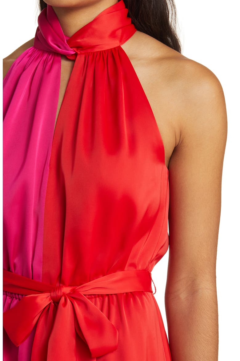 Twist Neck Belted Colorblock Midi Dress, Alternate, color, POPPY/ AMARANTH