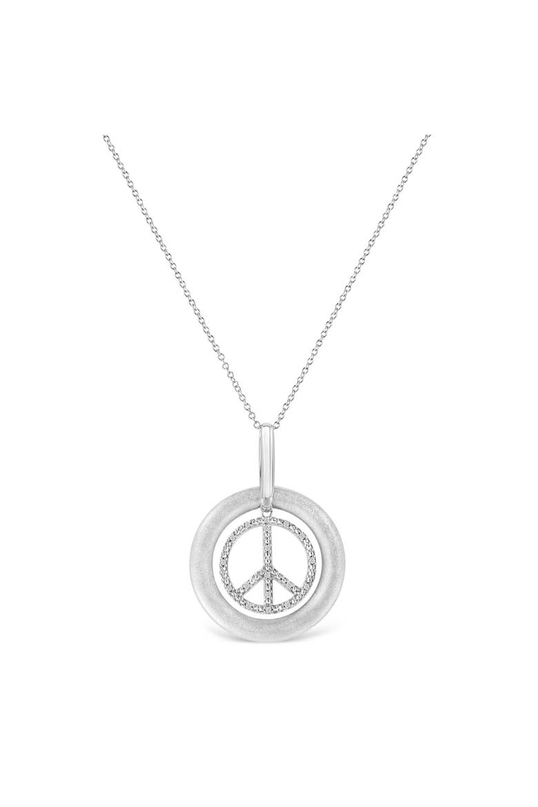 Matte Finish Silver Diamond Accent Dancing Peace Sign Pendant Necklace, Alternate, color, White