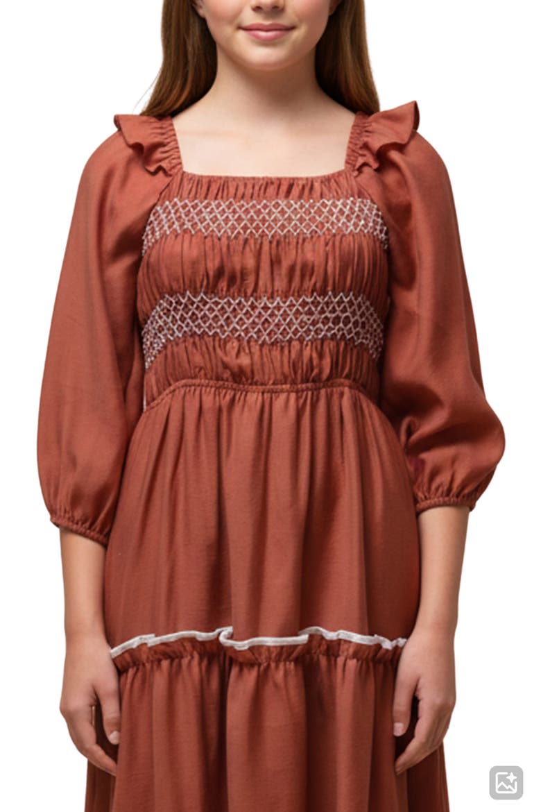 Kids' Smocked Ruffle Trim Midi Dress, Alternate, color, RUST