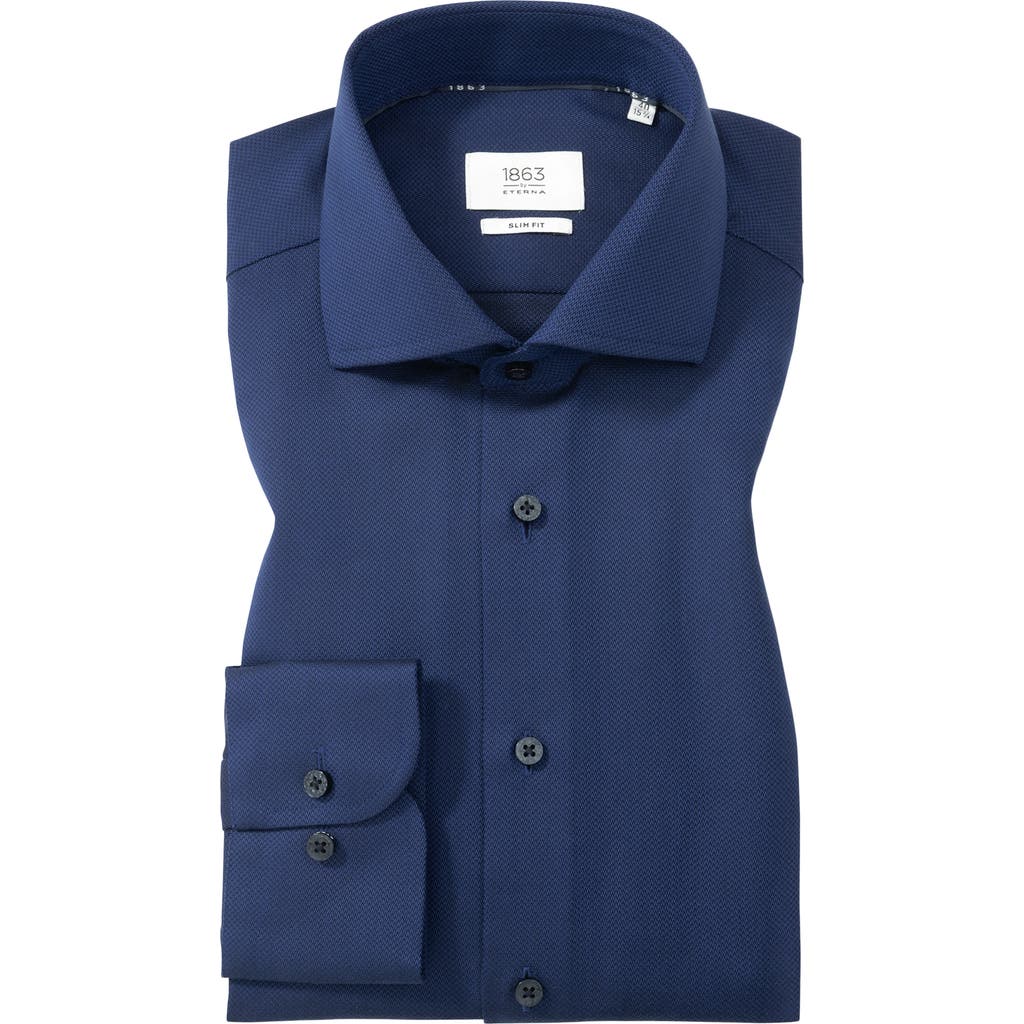 1863 By Eterna Slim Fit Solid Non-iron Cotton Dobby Dress Shirt In Blue
