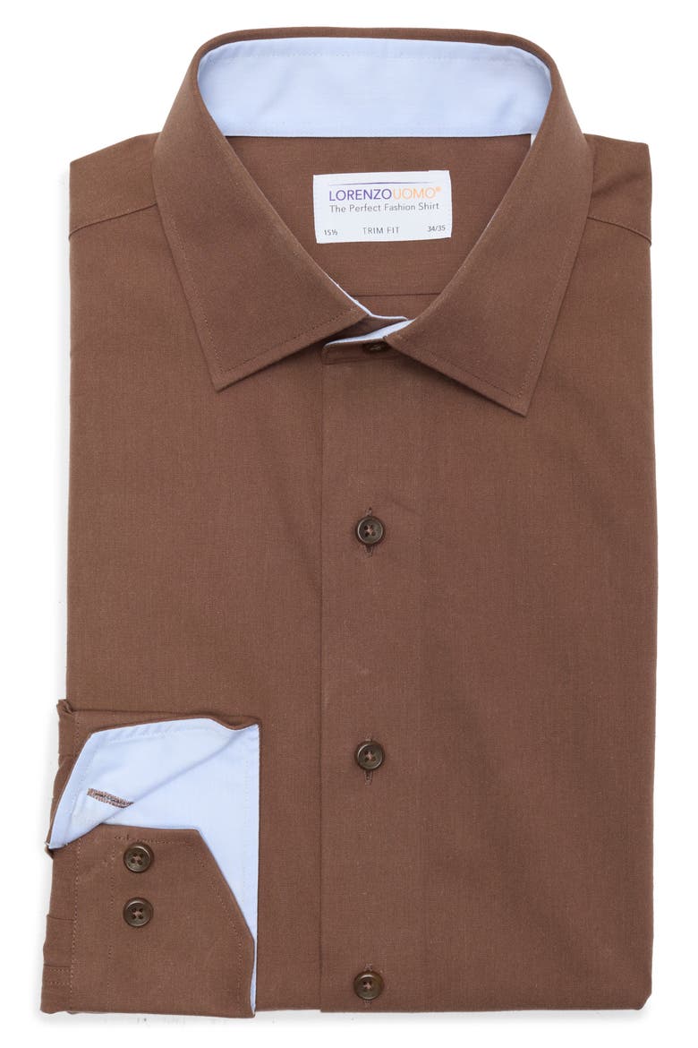 Solid Trim Fit Long Sleeve Cotton Shirt, Alternate, color, COFFEE