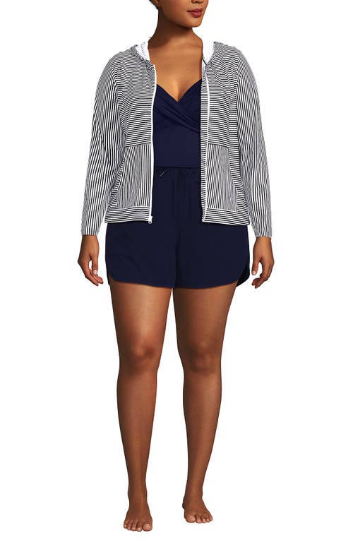 Lands' End Long Sleeve Hooded Full Zip Upf 50 Rash Guard In Deep Sea Navy Mini Stripe