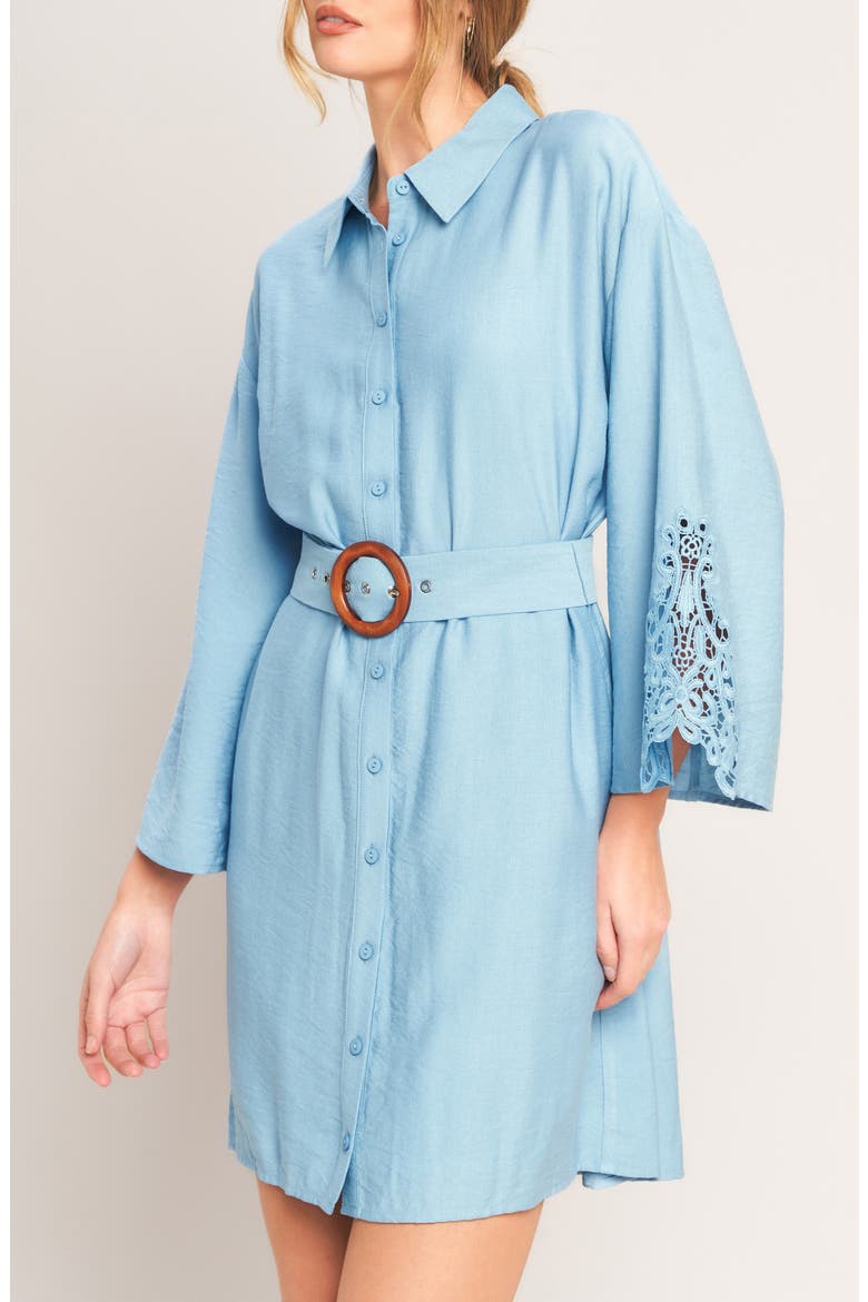 Lace Panel Long Sleeve Belted Shirtdress, Alternate, color, LIGHT BLUE