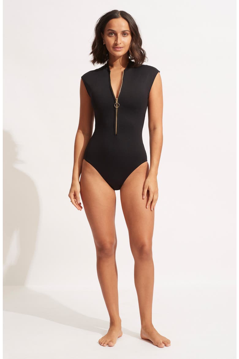 Zip-Up Cap Sleeve One-Piece Swimsuit, Alternate, color, BLACK