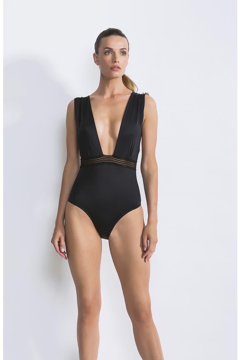 Plunging V-Neck with Sheer Mesh Waistband One-Piece Swimsuit, Main, color, Black