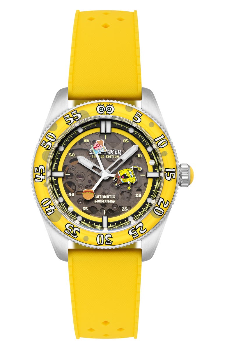 SPINNAKER x SpongeBob SquarePants Croft Midsize Automatic Rubber Strap Watch, 40mm, Main, color, 