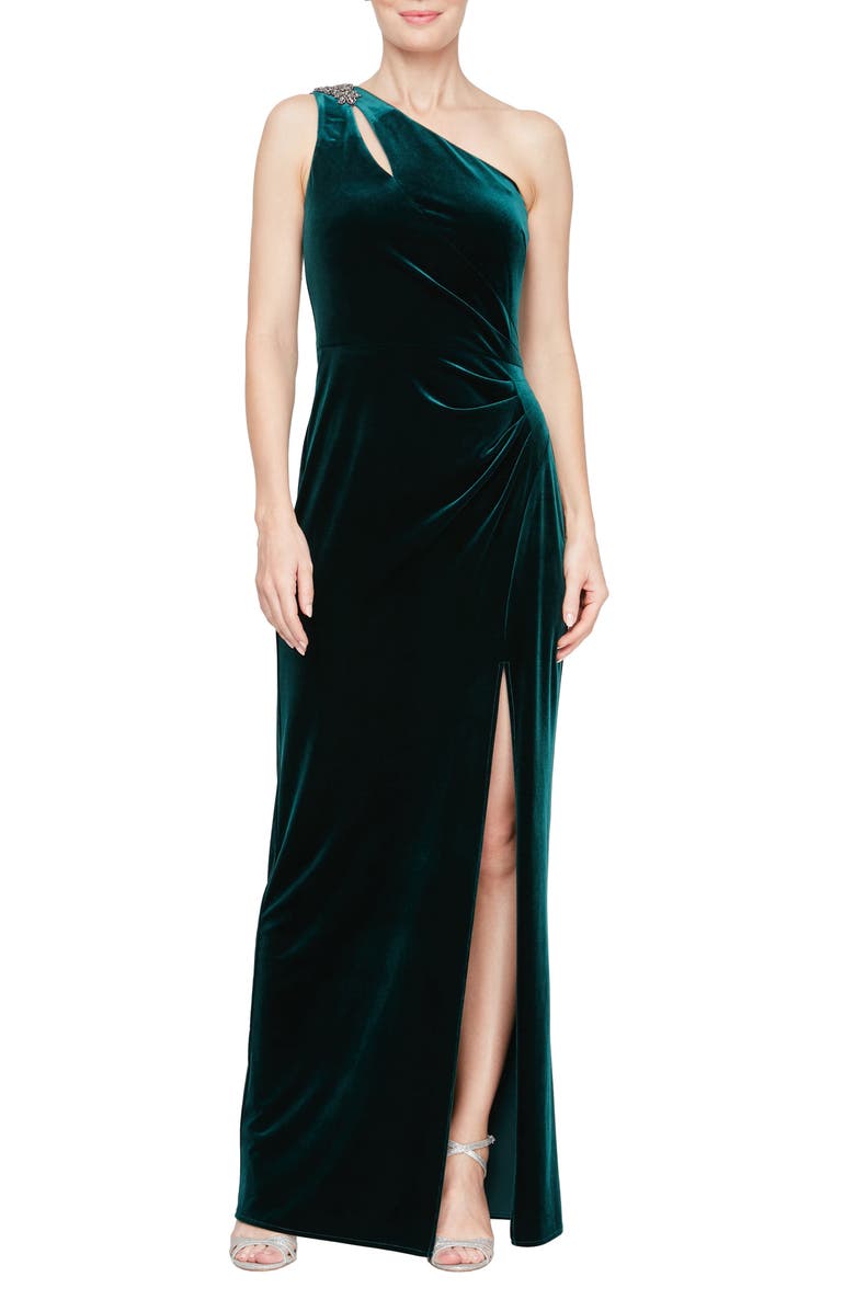 Alex Evenings Pleated One-Shoulder Velvet Sheath Gown, Main, color, 