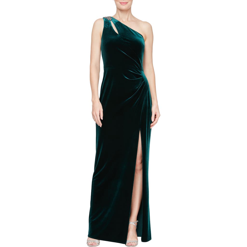 Alex Evenings Pleated One-Shoulder Velvet Sheath Gown in Forest