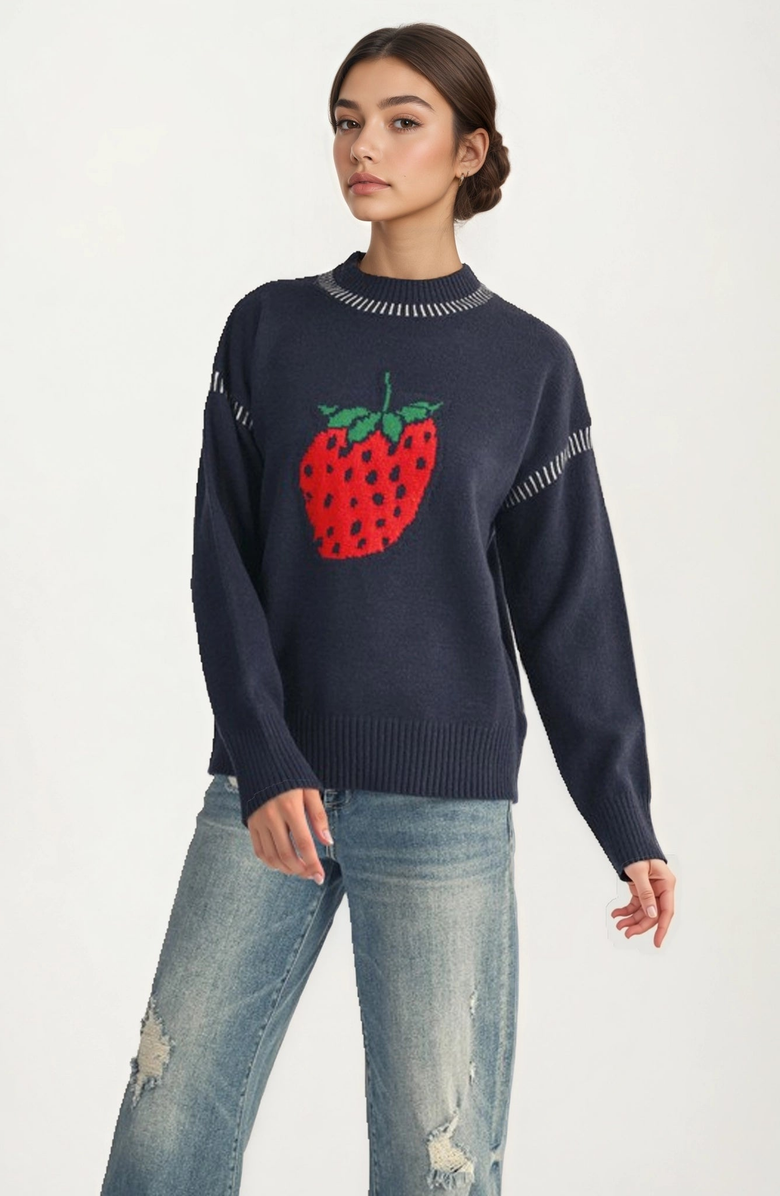Knit and Lounge Playful Strawberry Knit Sweater with Ribbed Hem and Long Sleeves, Main, color, 
