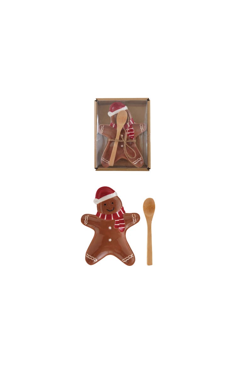 Gingerbread Man Ceramic Plate Set with Spoon and Jute Tie, Main, color, Multicolor