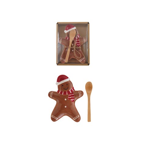 Gingerbread Man Ceramic Plate Set with Spoon and Jute Tie
