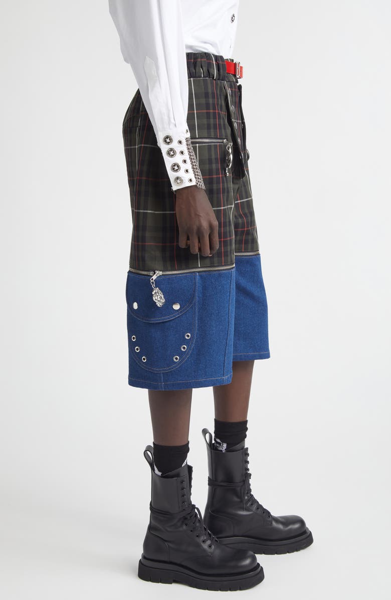 Chopova Lowena Tartan Extension Shorts with Detachable Denim Panels, Alternate, color, Blue And Green Multi