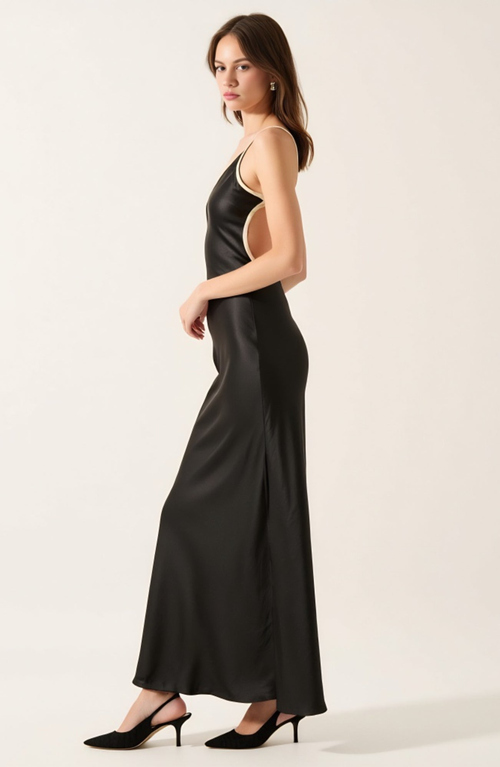 Modenaire Satin Maxi Dress With Cutout Trim And Open Back In Black