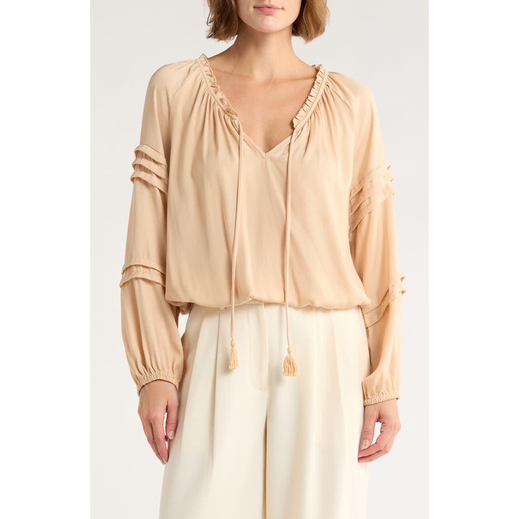 Dr2 By Daniel Rainn Long Sleeve Tie Front Satin Top In Gold