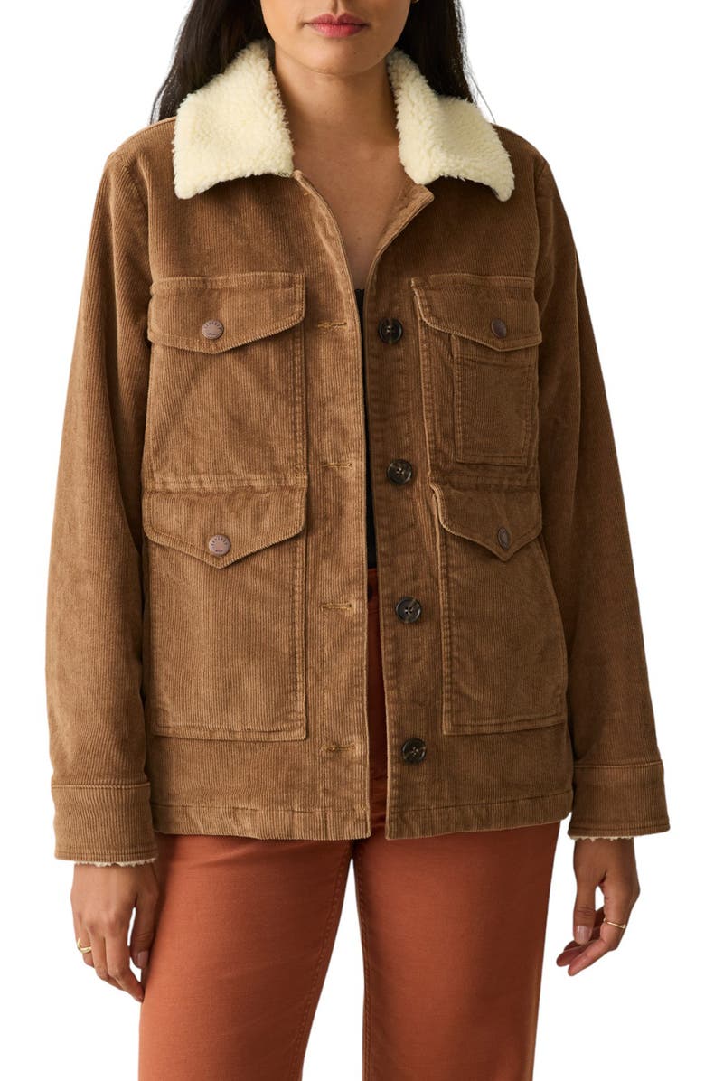 Faherty Doug Faux Shearling Trim Corduroy Jacket, Main, color, Cord Brown