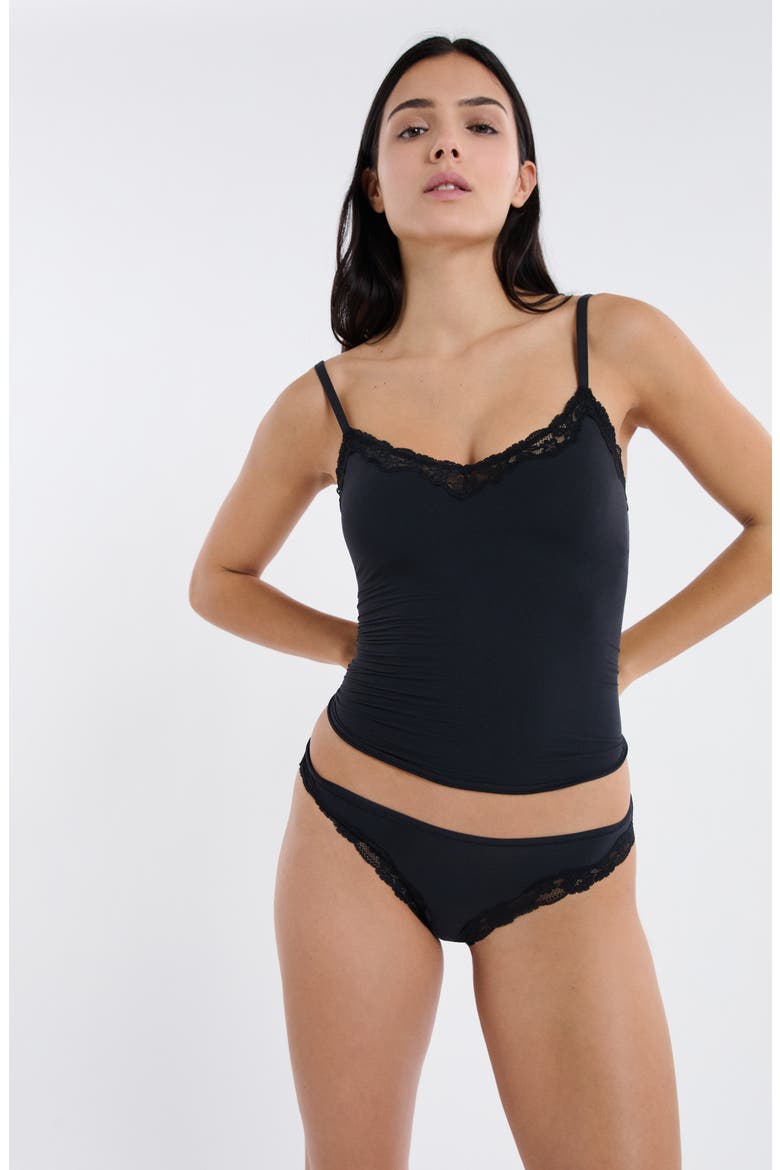 Pure Soft Lace Trim Tanga Thong, Alternate, color, BLACK