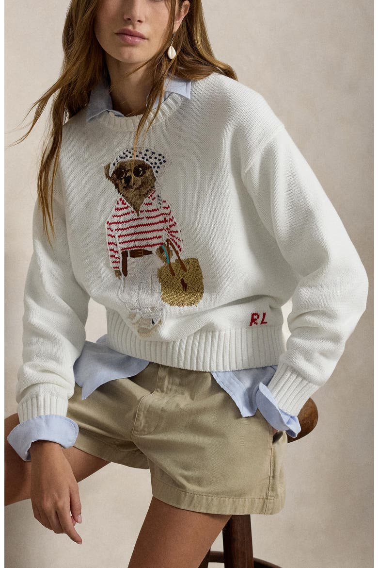 Polo Bear Crewneck Cotton Sweater, Alternate, color, WHITE MULTI