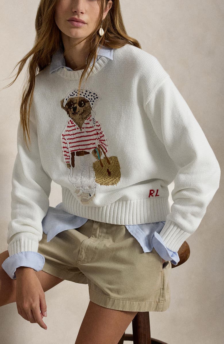 Polo Ralph Lauren Polo Bear Crewneck Cotton Sweater, Alternate, color, White Multi