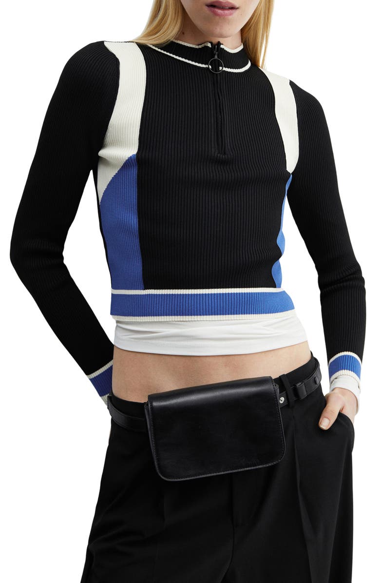 MANGO Colorblock Half Zip Crop Sweater, Main, color, 