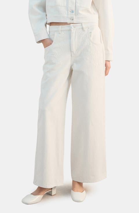 Embroidered High Waist Wide Leg Jeans