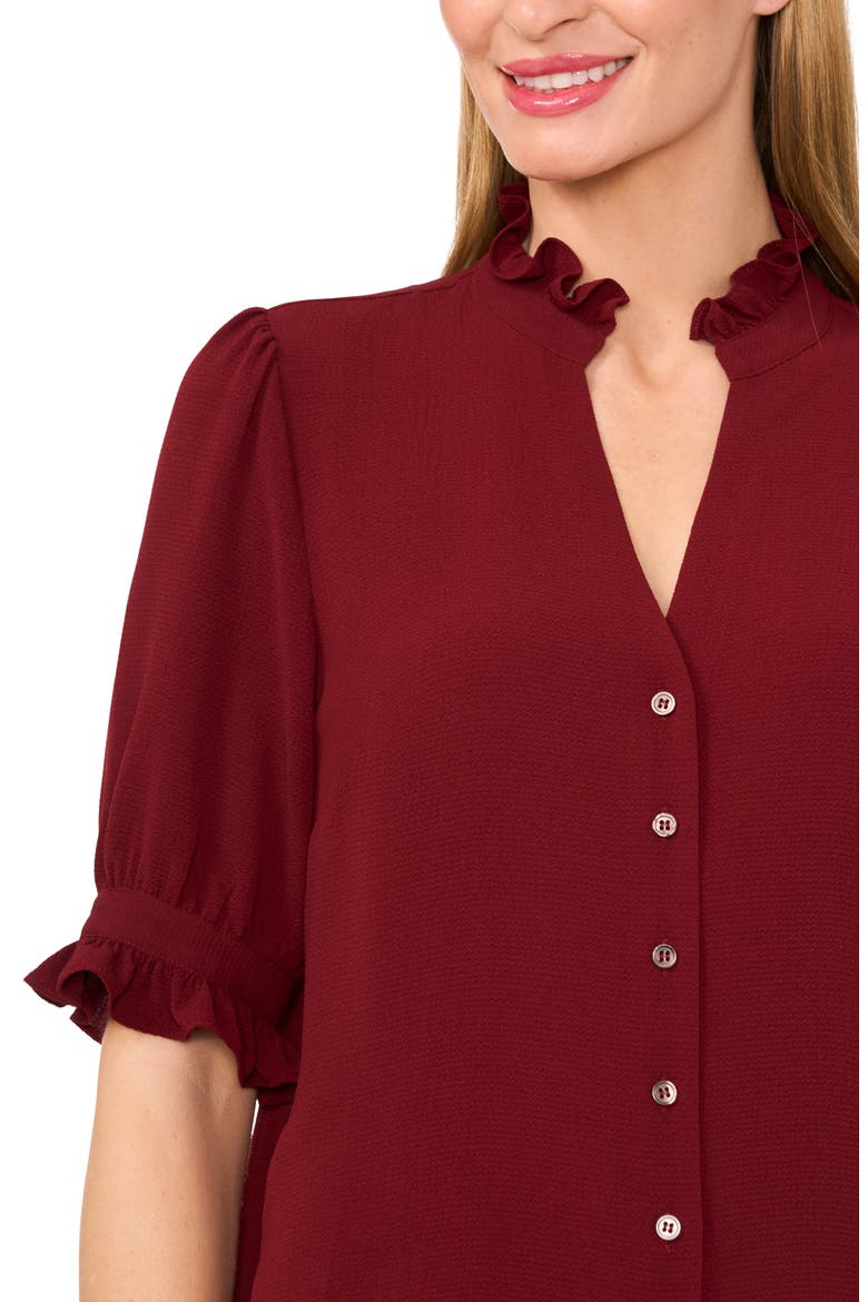V-Neck Button-Up Shirt, Alternate, color, CLARET RED