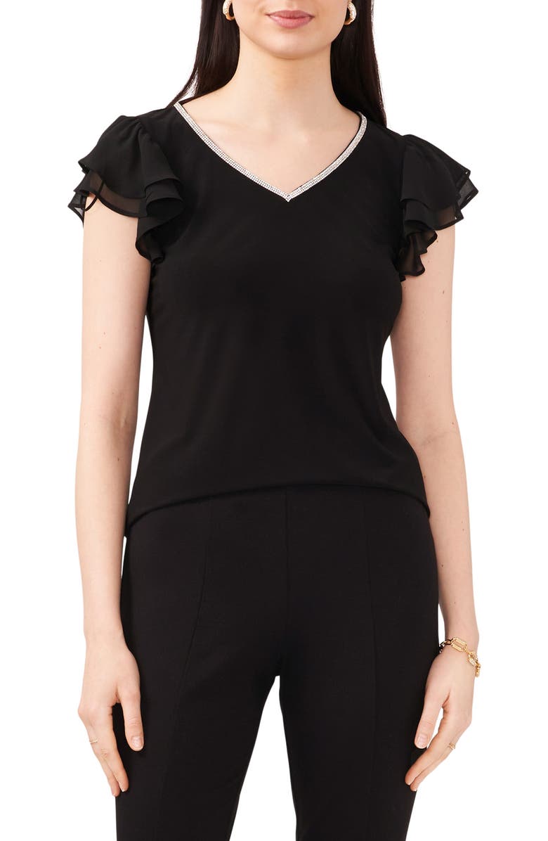 Chaus V-Neck Ruffle Sleeve Top, Main, color, Black 001
