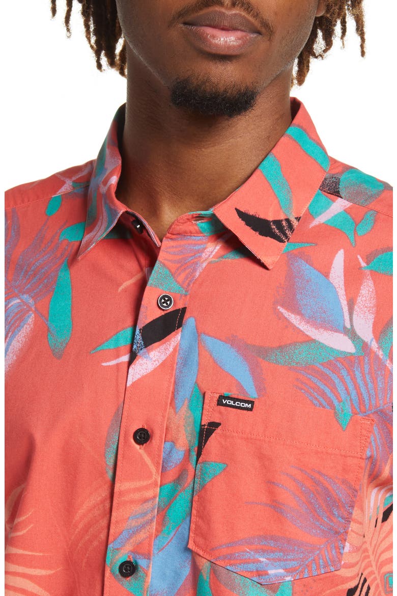 Leaf Spray Classic Fit Short Sleeve Button-Up Shirt, Alternate, color, LAVA ROCK RED