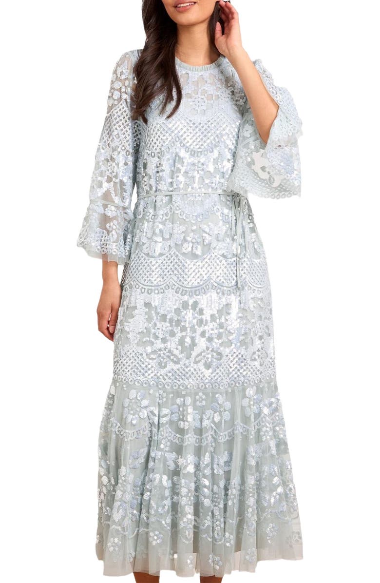 Needle & Thread Snowdrop 3/4 Sleeve Crew Neck Ankle Gown, Main, color, French Blue