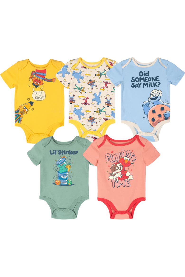 5-Pack One Piece Short Sleeve Bodysuits, Main, color, Blue Yellow Green Pink