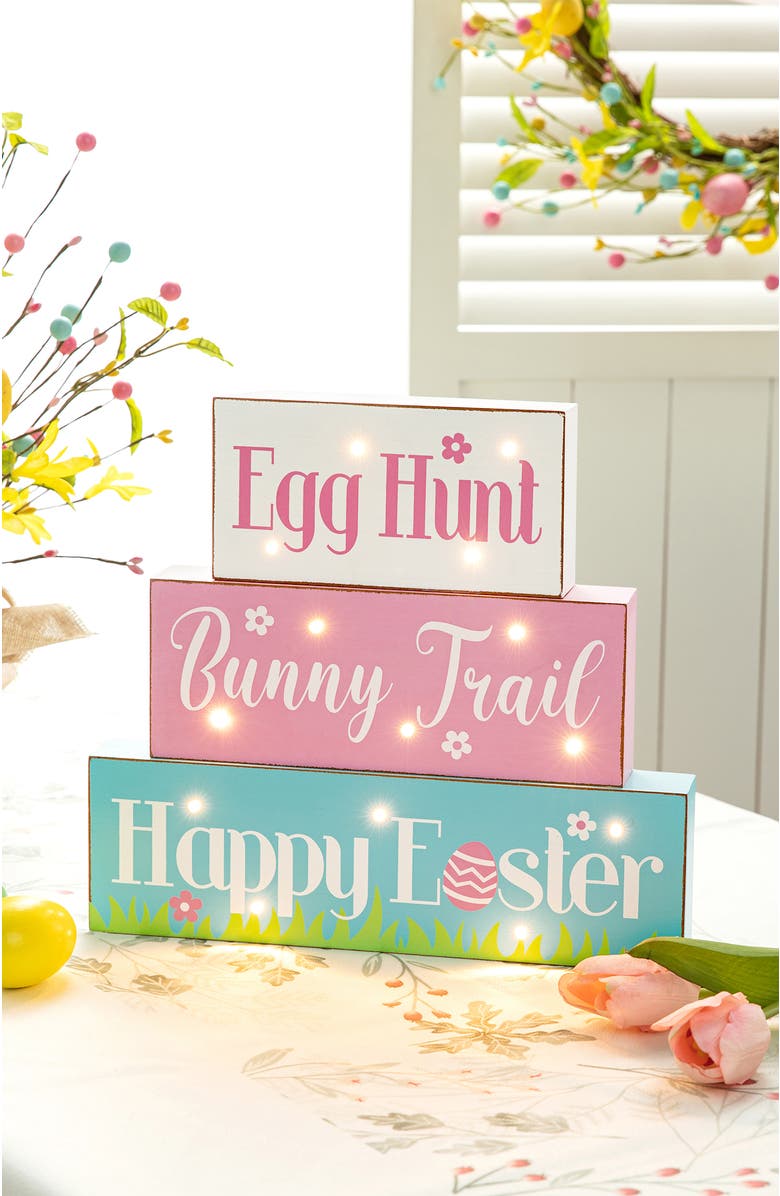 Glitzhome Easter LED Lighted Wooden Bunny Block Word Sign, Alternate, color, Blue