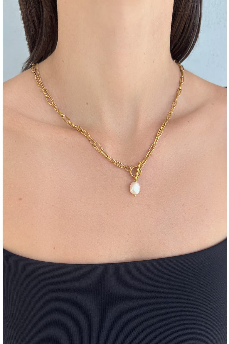 Tarnish Resistant 18K Gold Plated Pearl Toggle Pendant Necklace, Alternate, color, WHITE/ GOLD