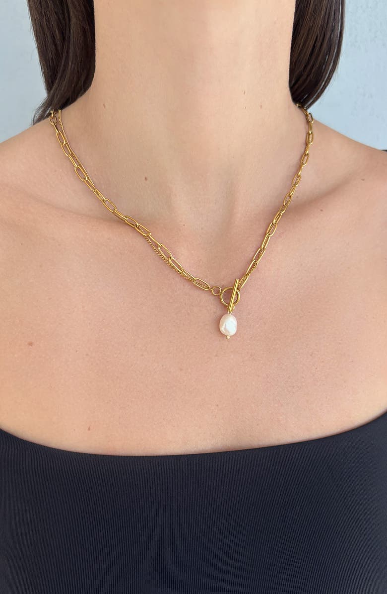 Adornia Tarnish Resistant 18K Gold Plated Pearl Toggle Pendant Necklace, Alternate, color, White/ Gold