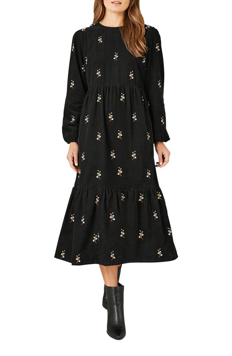 Yumi Long Sleeve Midi Floral Dress, Alternate, color, Black