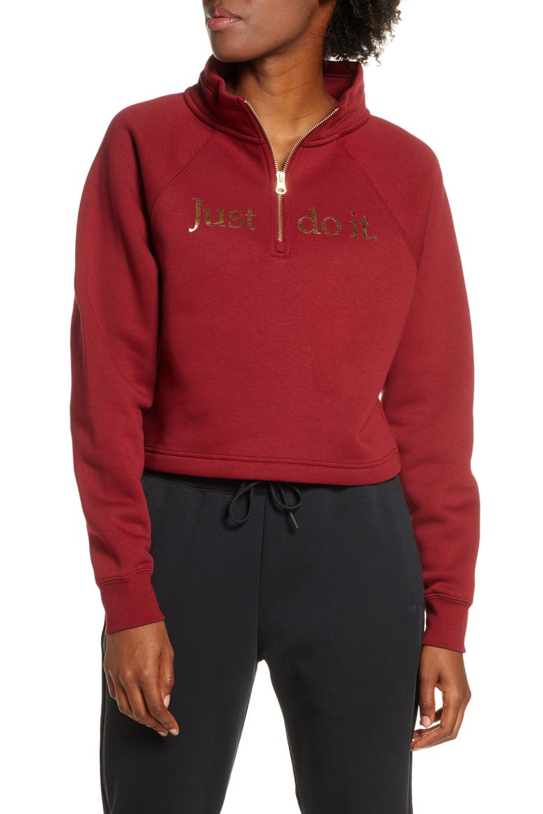 Sportswear Shine Quarter Zip Crop Pullover, Main, color, TEAM RED/ METALLIC GOLD