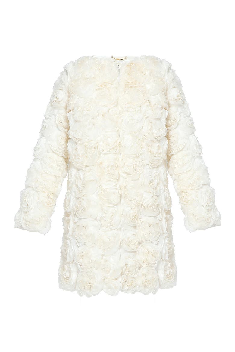 Embellished 3D Rose Silk Coat, Alternate, color, WHITE