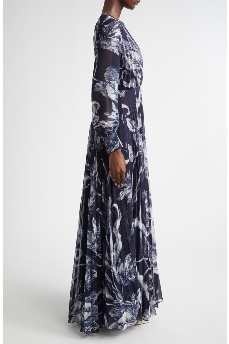 Botanical Engraving Pleated Long Sleeve Voile Gown, Alternate, color, BOTANICAL ENGRAVING MIDNIGHT